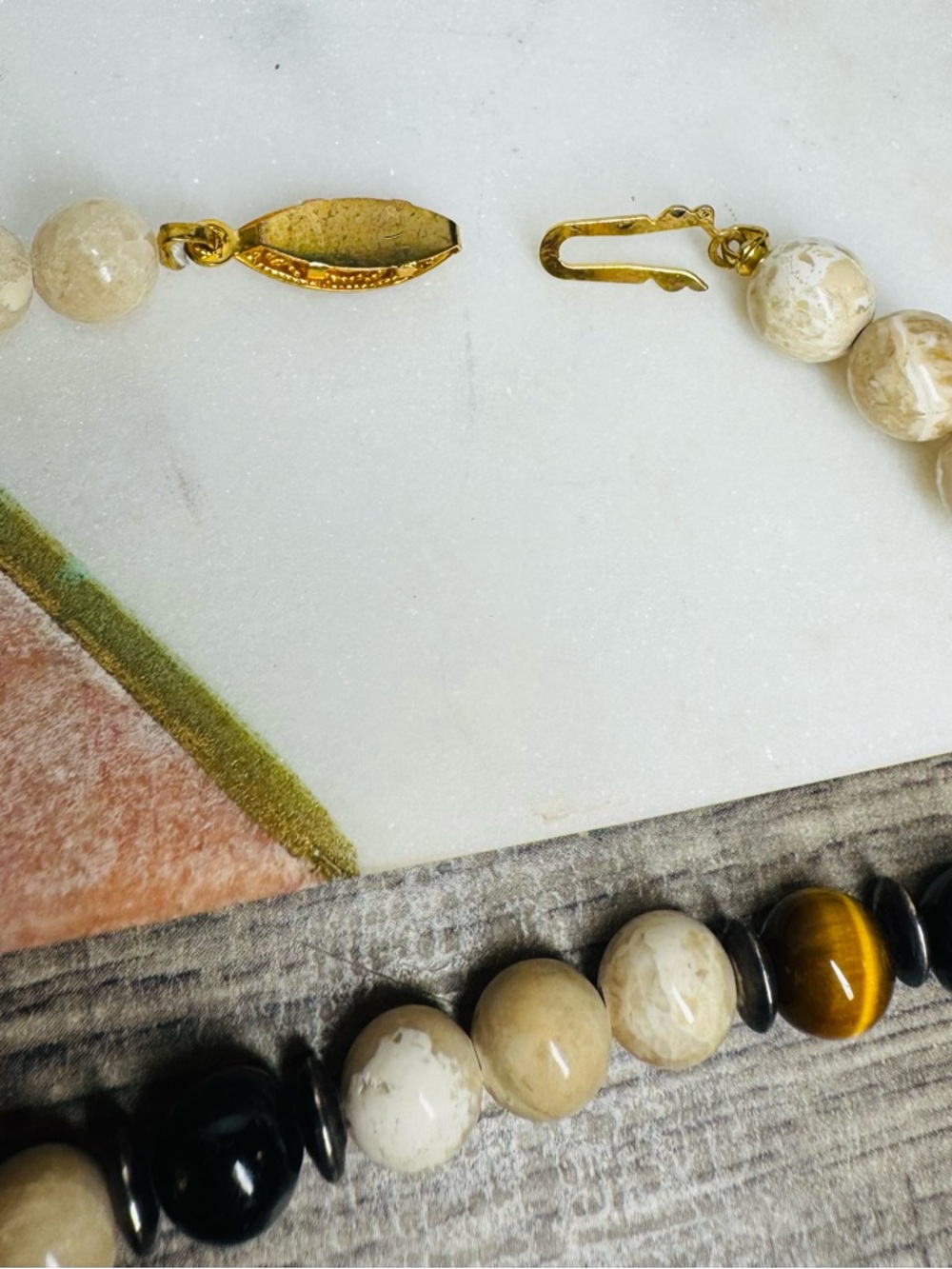 Tiger Eye & Cream Marble Bead Necklace Earth Tone Statement 22-23" - Picture 4 of 5